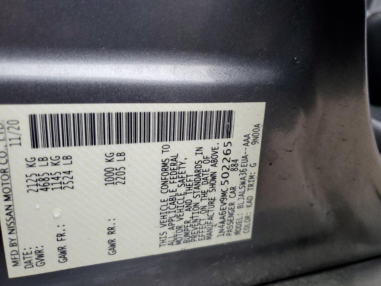 2021 Nissan Maxima Sr VIN: 1N4AA6EV9MC502265 Lot: 69587155