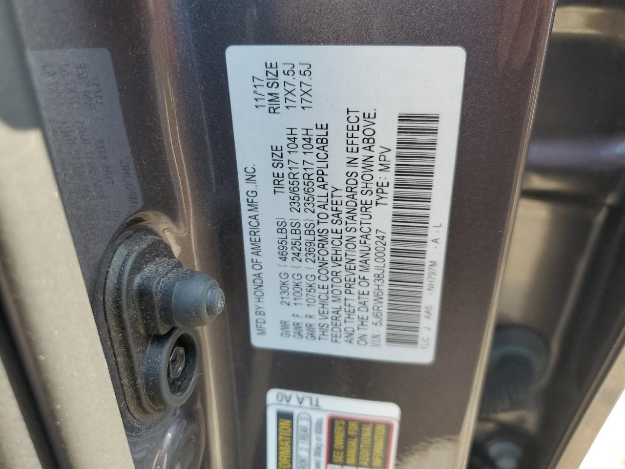 2018 Honda Cr-V Lx VIN: 5J6RW6H38JL000247 Lot: 67004225