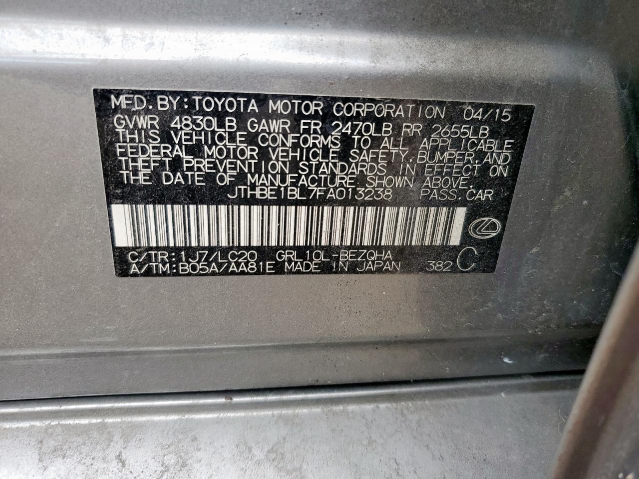 2015 Lexus Gs 350 VIN: JTHBE1BL7FA013238 Lot: 70508115