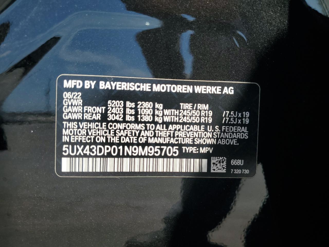 2022 BMW X3 Sdrive30I VIN: 5UX43DP01N9M95705 Lot: 70035275