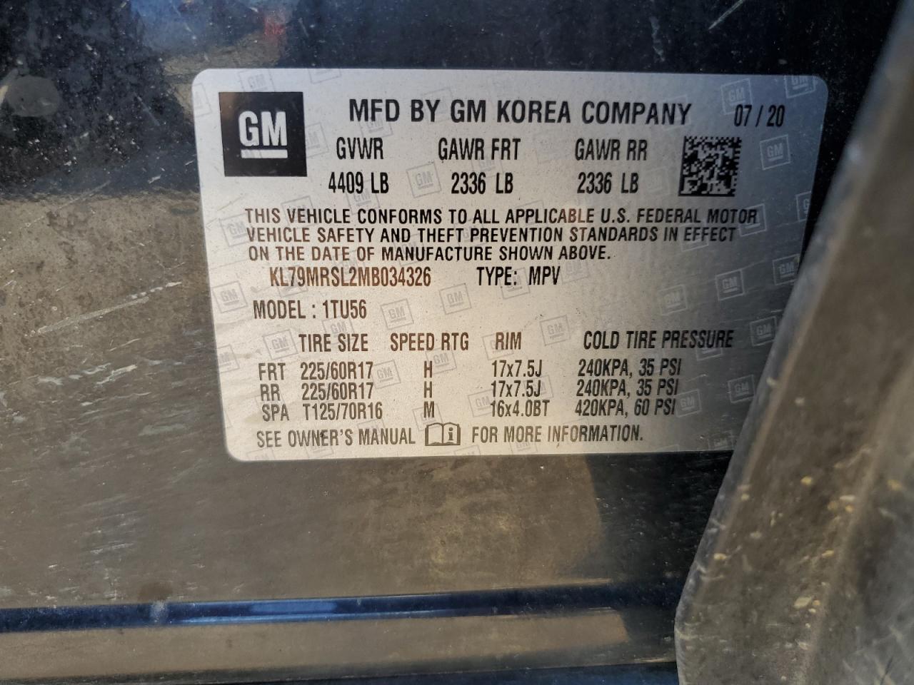 2021 Chevrolet Trailblazer Lt VIN: KL79MRSL2MB034326 Lot: 69639095