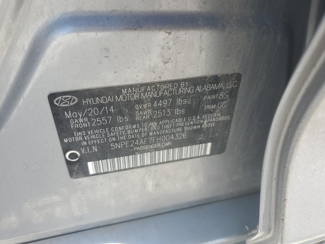 2015 Hyundai Sonata Se VIN: 5NPE24AF7FH004326 Lot: 70027335