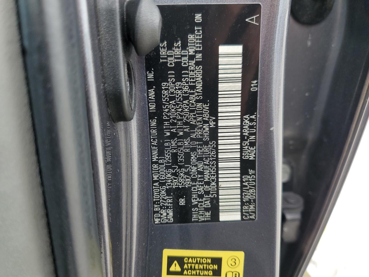 2012 Toyota Highlander Limited VIN: 5TDDK3EH5CS126755 Lot: 68901035