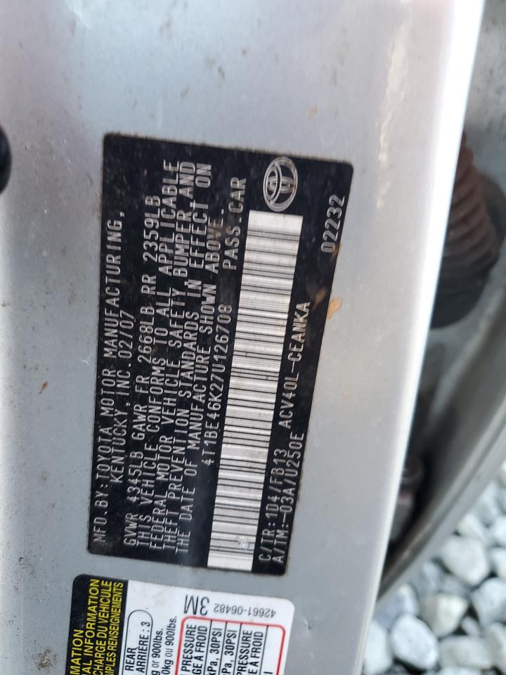 2007 Toyota Camry Ce VIN: 4T1BE46K27U126708 Lot: 69859525