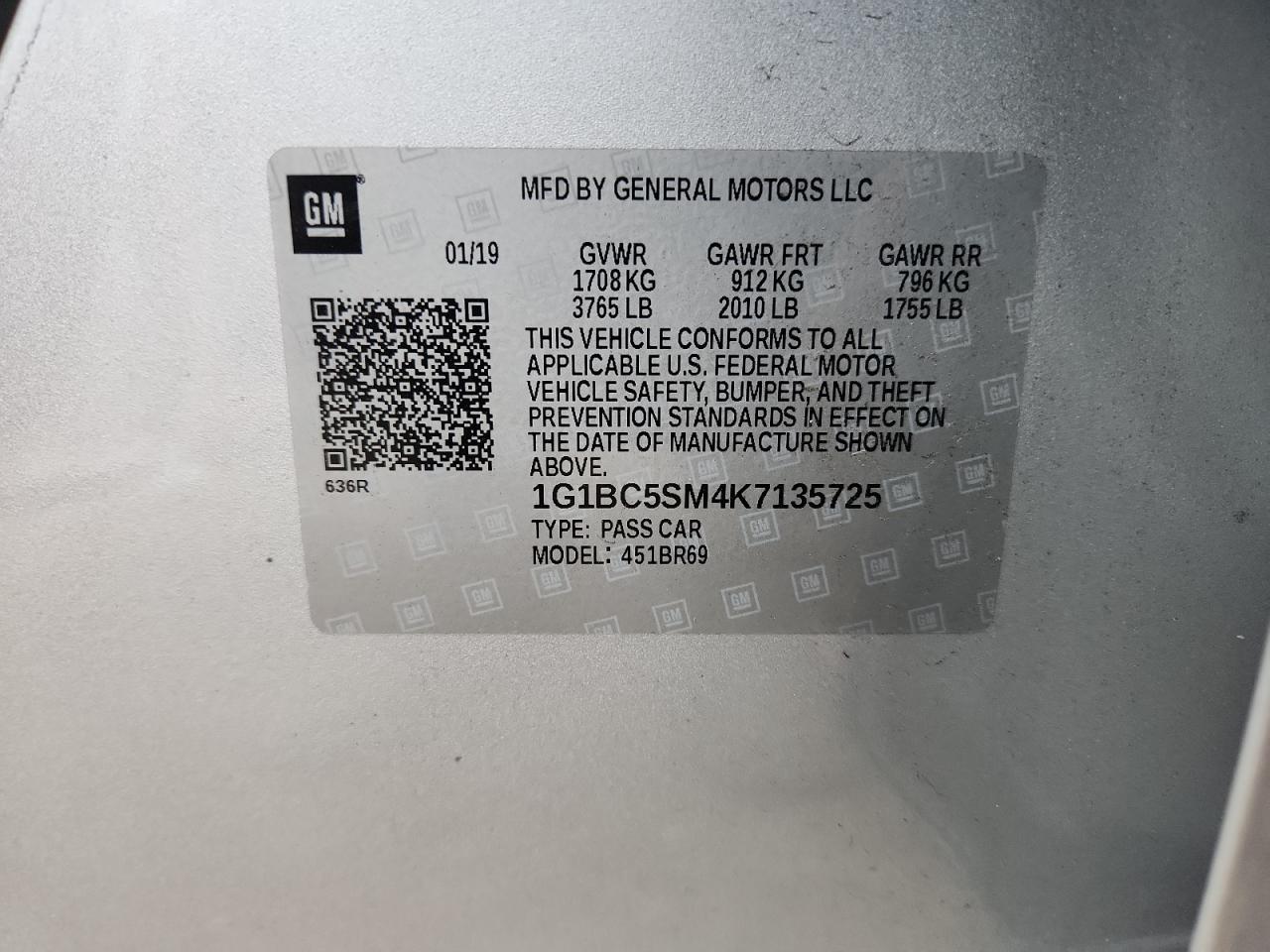 2019 Chevrolet Cruze Ls VIN: 1G1BC5SM4K7135725 Lot: 68474495