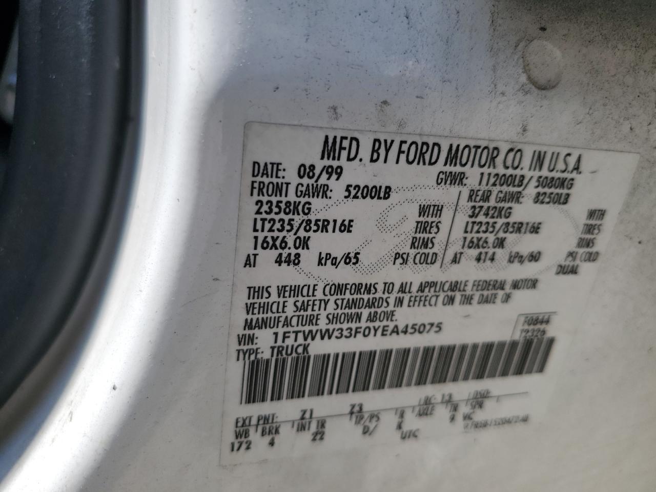 2000 Ford F350 Super Duty VIN: 1FTWW33F0YEA45075 Lot: 63821525