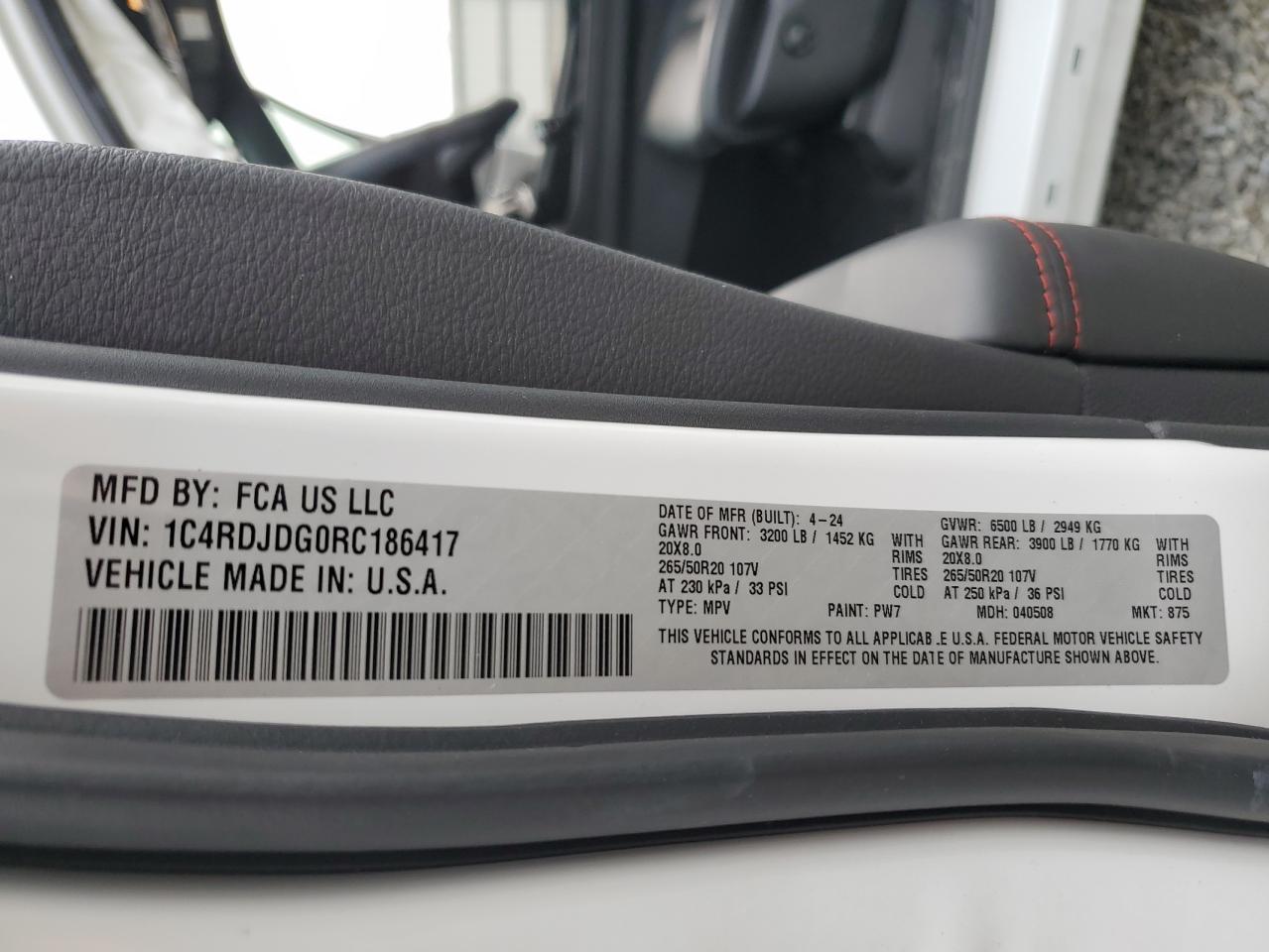 2024 Dodge Durango Gt VIN: 1C4RDJDG0RC186417 Lot: 67119275