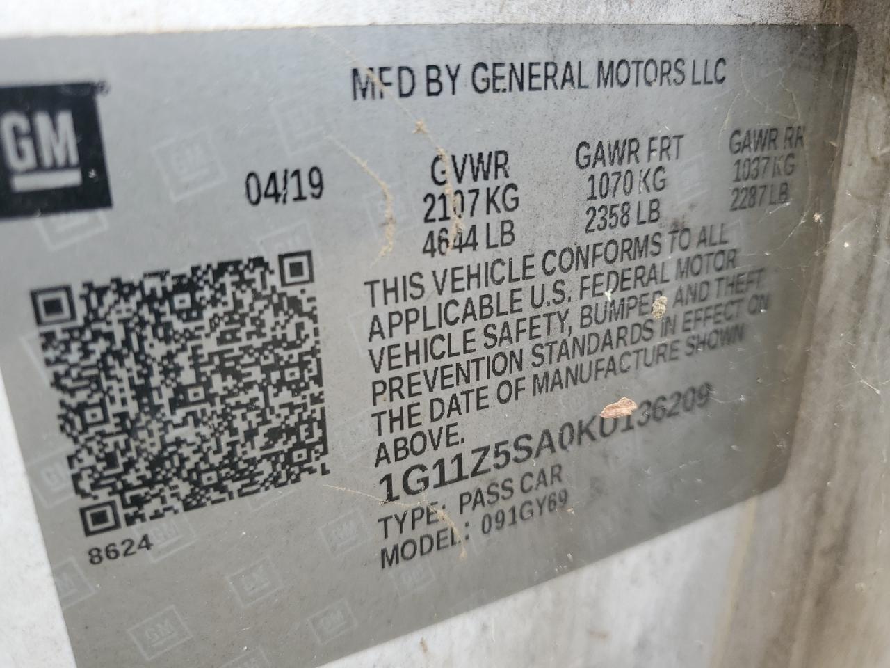 2019 Chevrolet Impala Lt VIN: 1G11Z5SA0KU136209 Lot: 67686015