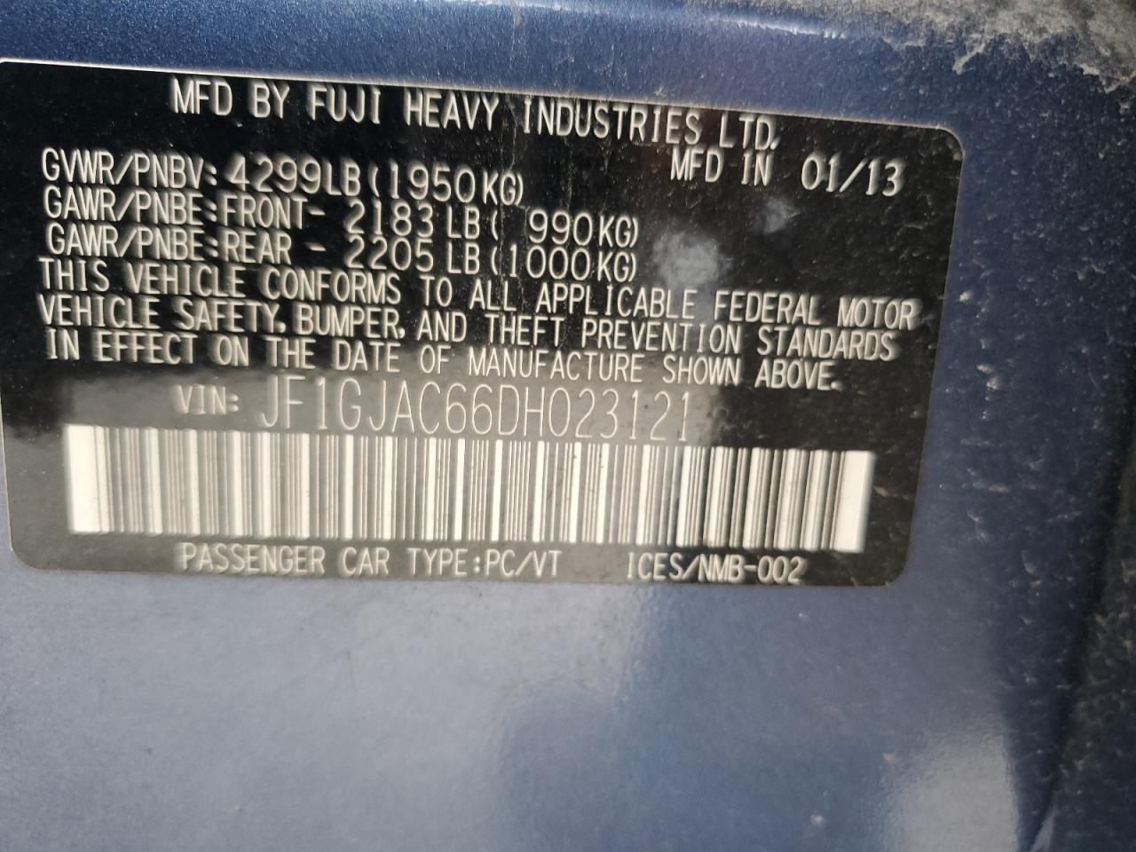 2013 Subaru Impreza Premium VIN: JF1GJAC66DH023121 Lot: 67921145