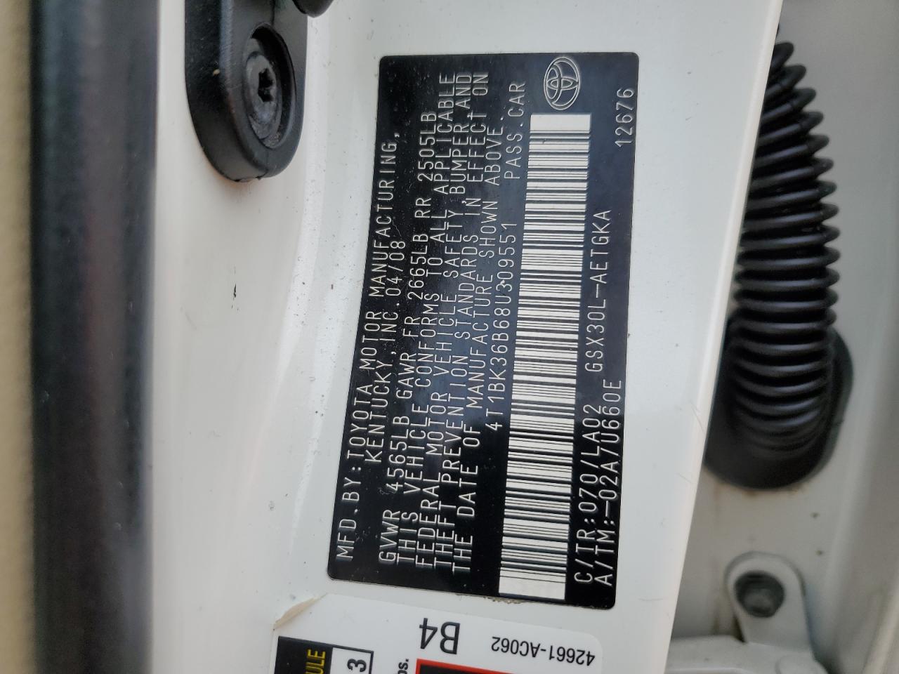 2008 Toyota Avalon Xl VIN: 4T1BK36B68U309551 Lot: 68596955