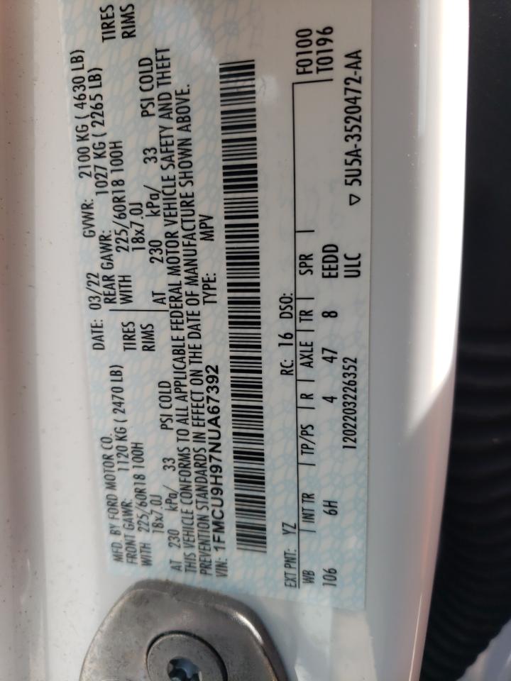 2022 Ford Escape Sel VIN: 1FMCU9H97NUA67392 Lot: 67024195