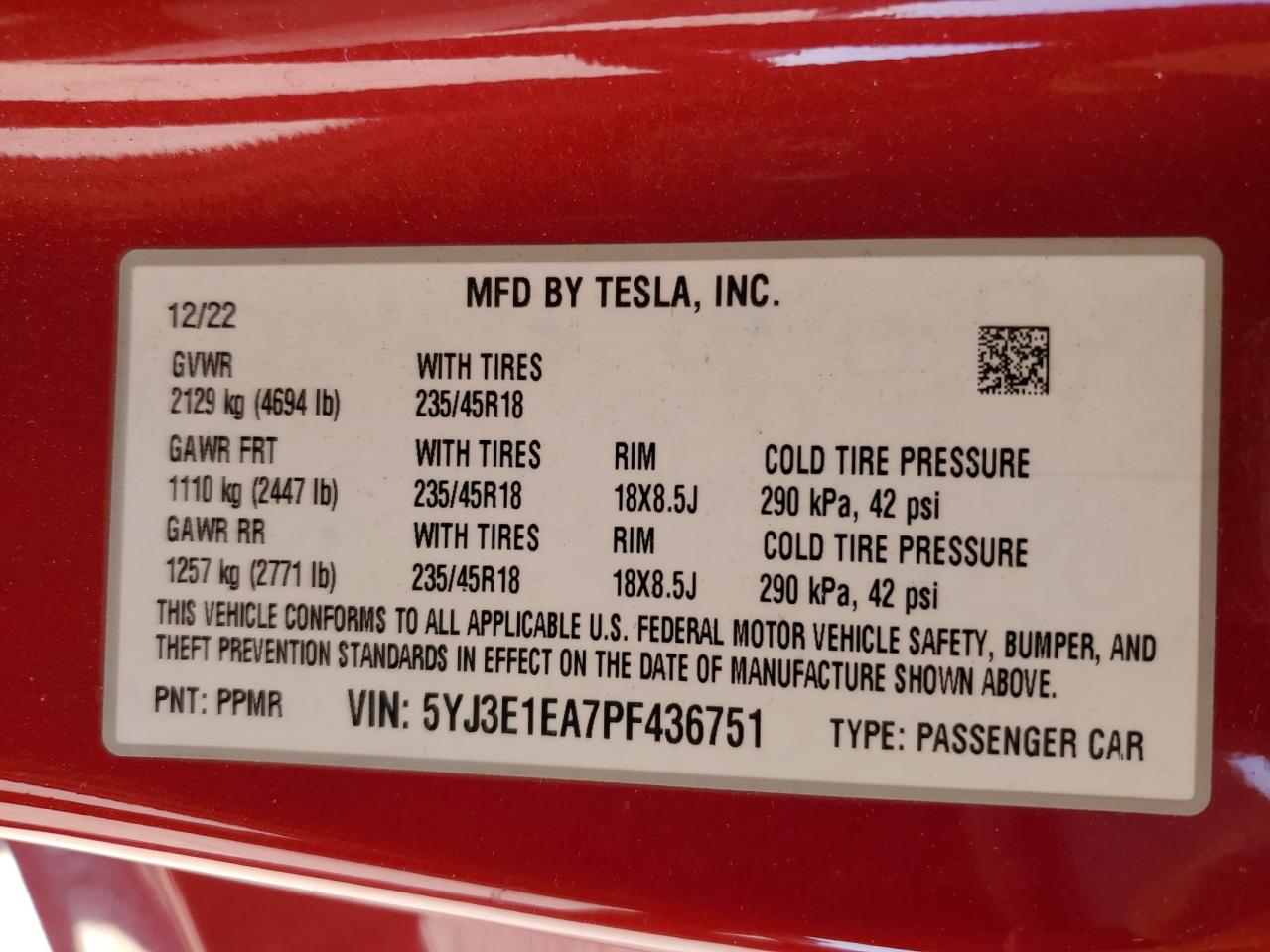 2023 Tesla Model 3 VIN: 5YJ3E1EA7PF436751 Lot: 70040665