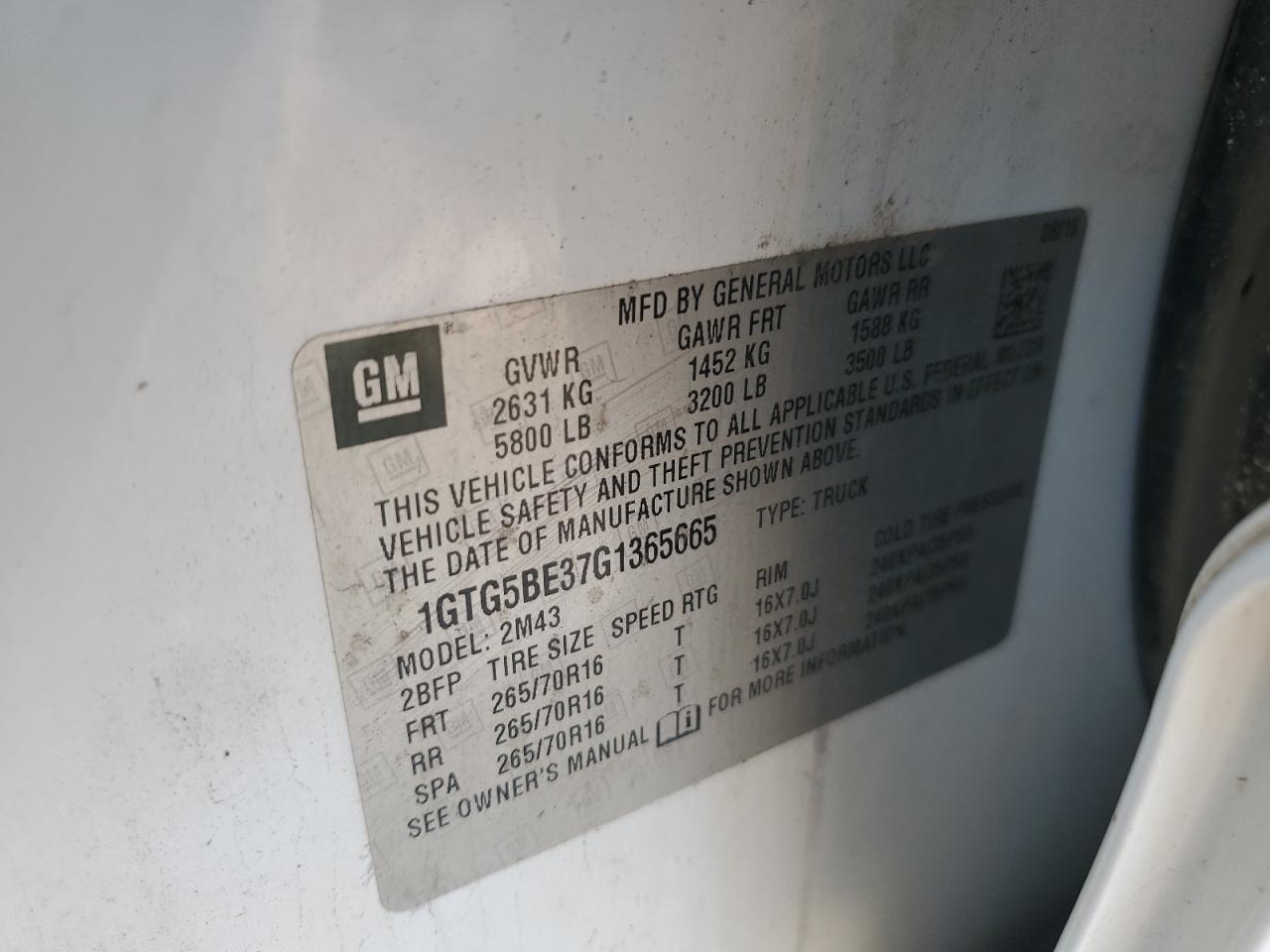 2016 GMC Canyon VIN: 1GTG5BE37G1365665 Lot: 67342395