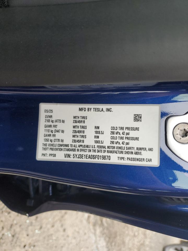 2025 Tesla Model 3 VIN: 5YJ3E1EA0SF019870 Lot: 69376385