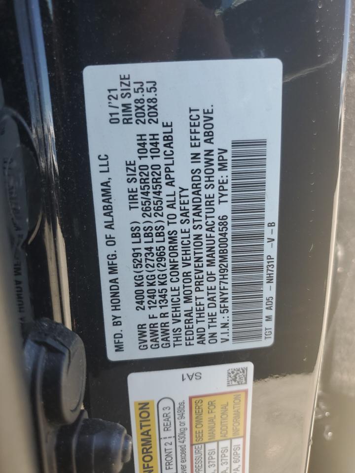 2021 Honda Passport Touring VIN: 5FNYF7H92MB004586 Lot: 70409535