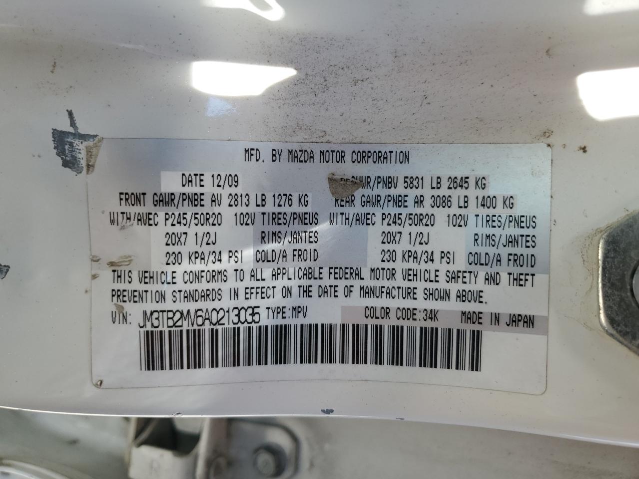 2010 Mazda Cx-9 VIN: JM3TB2MV6A0213035 Lot: 69073635