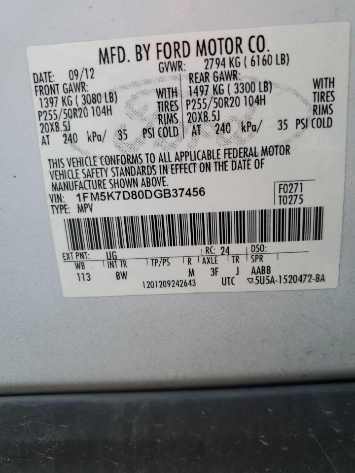 2013 Ford Explorer Xlt VIN: 1FM5K7D80DGB37456 Lot: 69058135