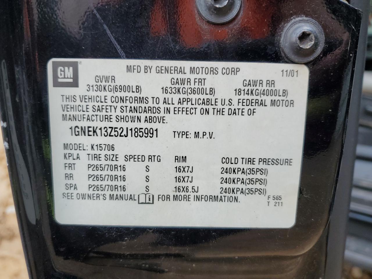 2002 Chevrolet Tahoe VIN: 1GNEK13Z52J185991 Lot: 69458085