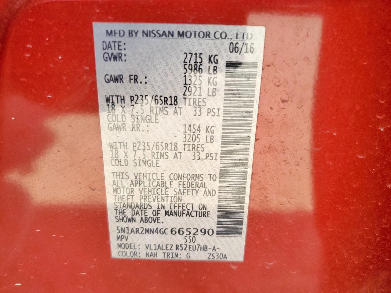 2016 Nissan Pathfinder S VIN: 5N1AR2MN4GC665290 Lot: 70478315