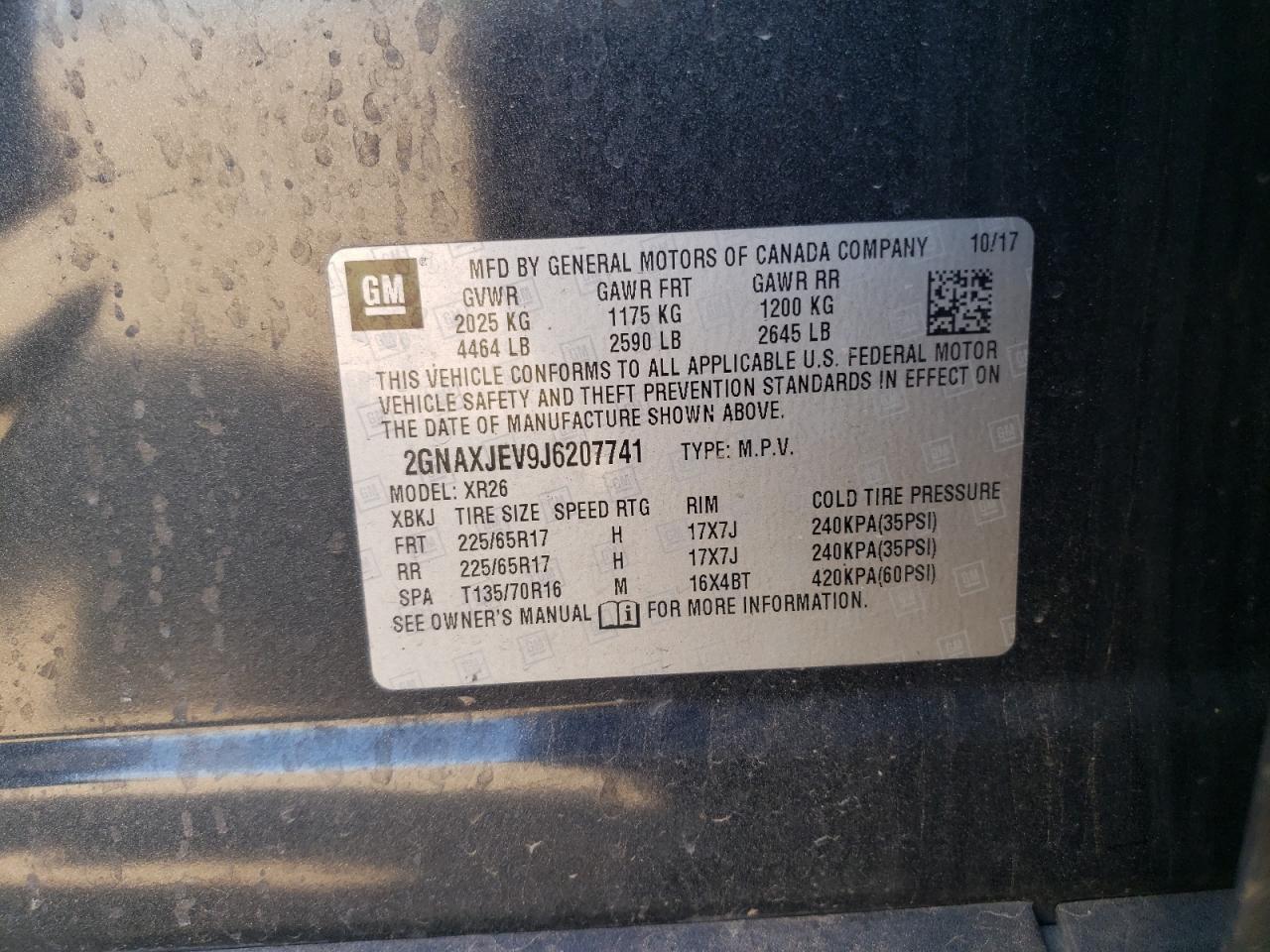 2018 Chevrolet Equinox Lt VIN: 2GNAXJEV9J6207741 Lot: 68896925