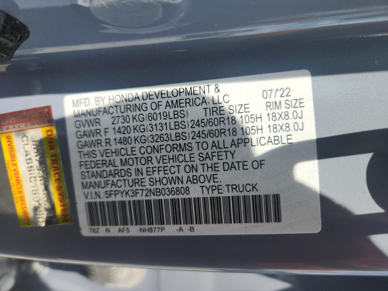 2022 Honda Ridgeline Rtl VIN: 5FPYK3F72NB036808 Lot: 67200915