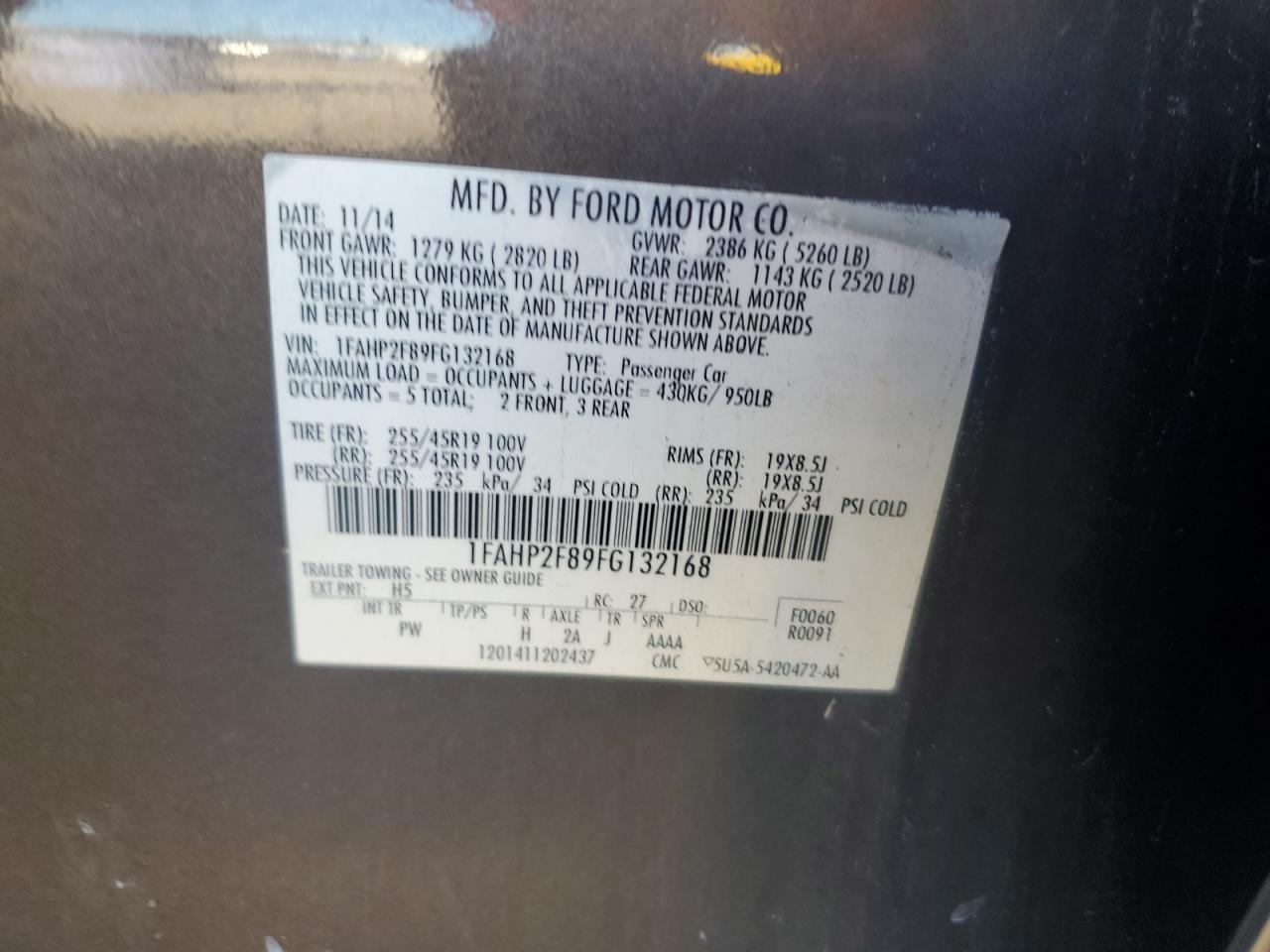 2015 Ford Taurus Limited VIN: 1FAHP2F89FG132168 Lot: 68640695