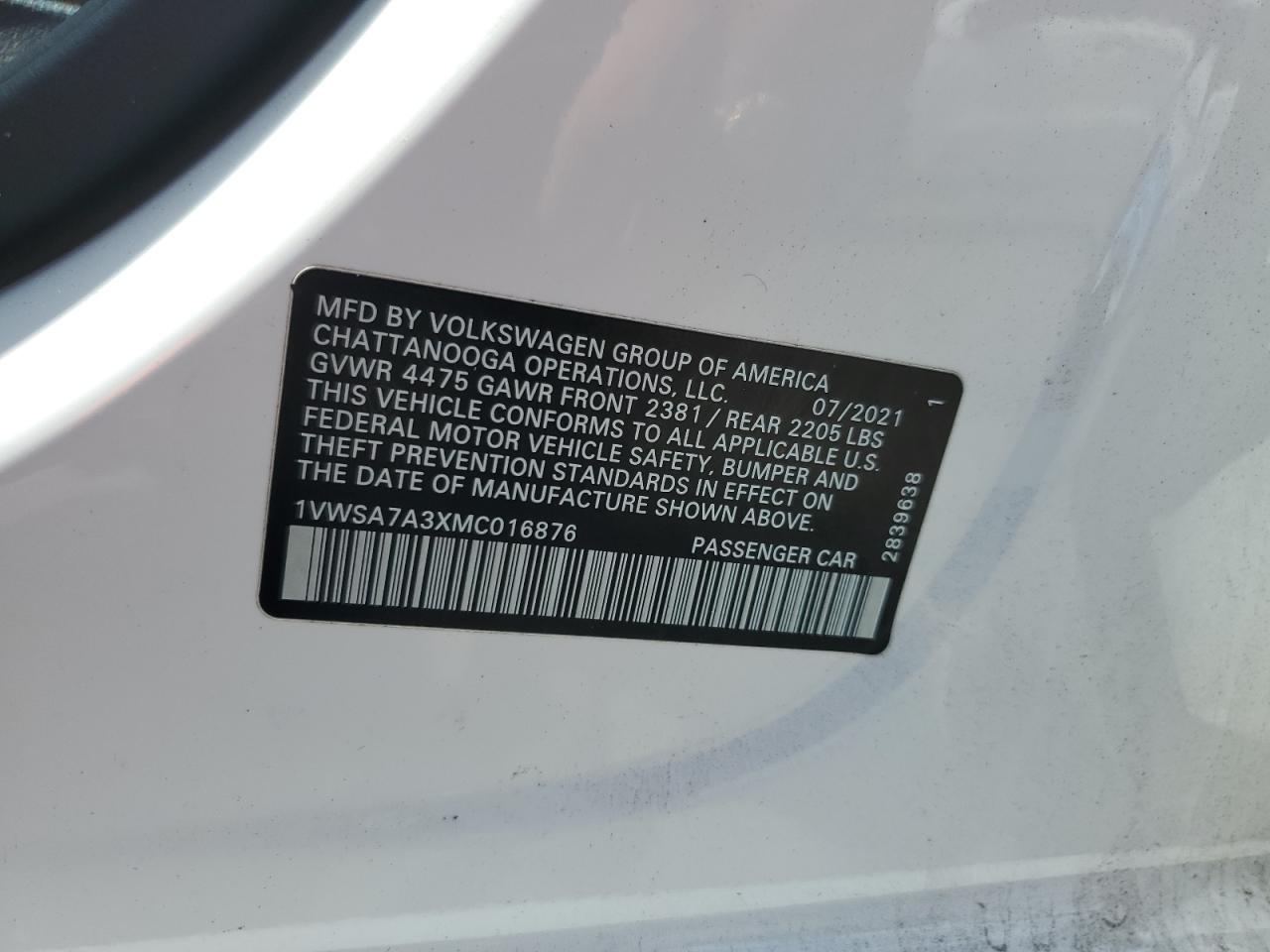 2021 Volkswagen Passat Se VIN: 1VWSA7A3XMC016876 Lot: 67433005