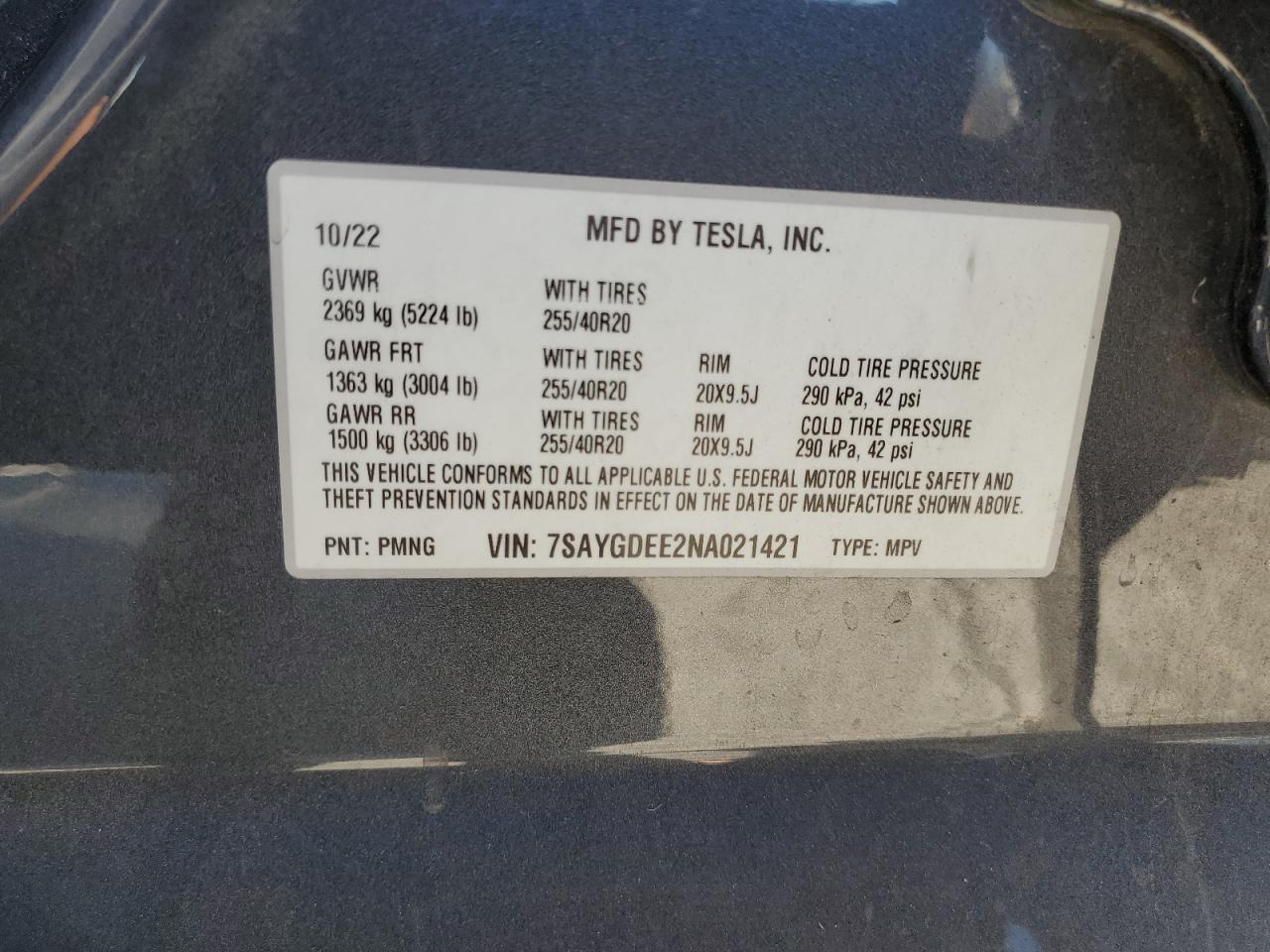 2022 Tesla Model Y VIN: 7SAYGDEE2NA021421 Lot: 69844175