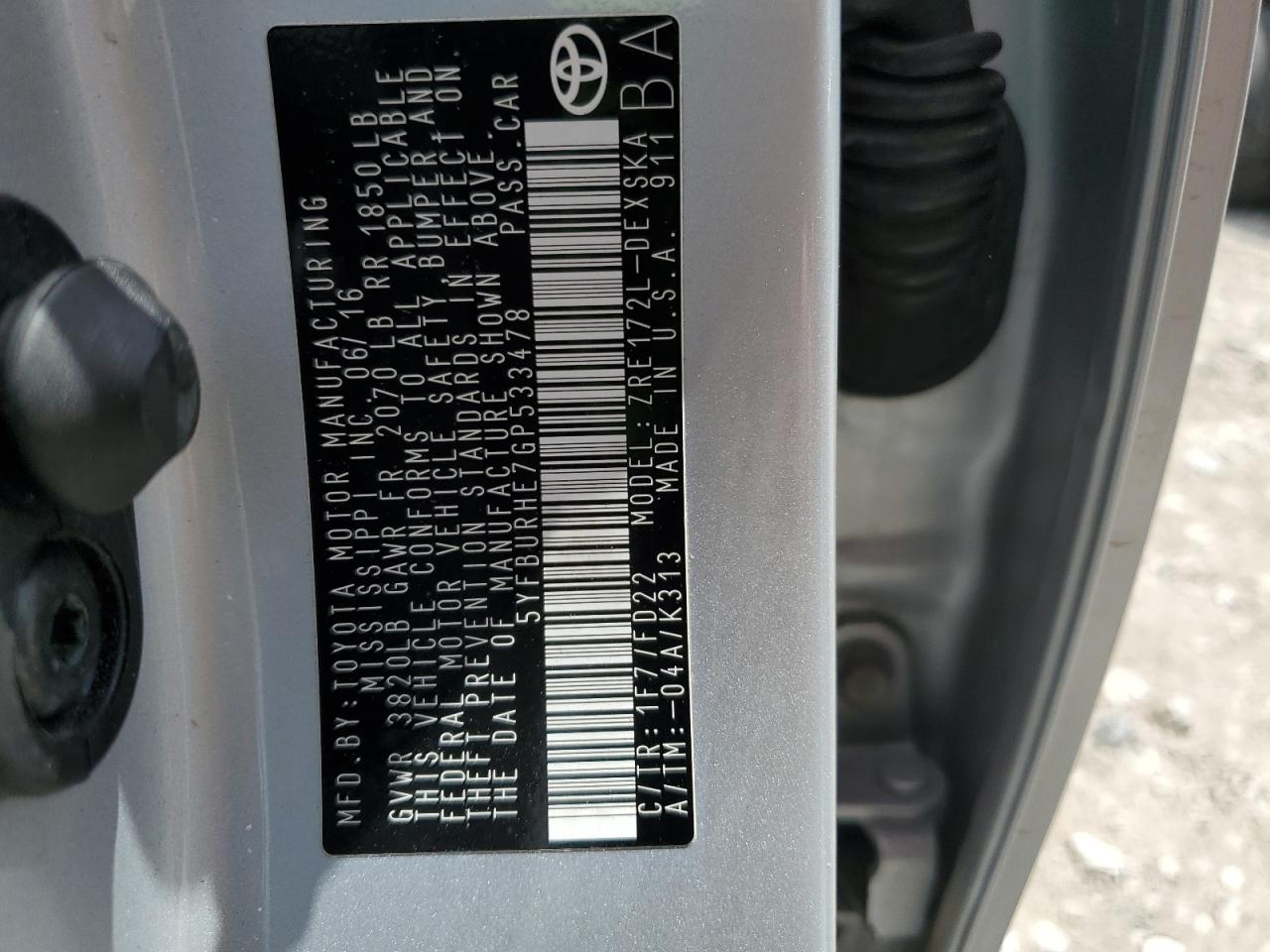 2016 Toyota Corolla L VIN: 5YFBURHE7GP533478 Lot: 68695055