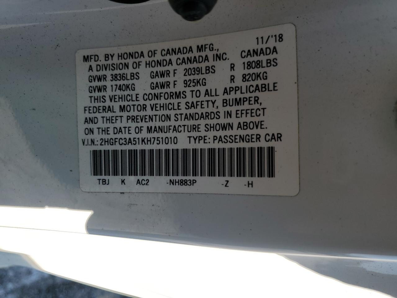 2019 Honda Civic Si VIN: 2HGFC3A51KH751010 Lot: 68324225