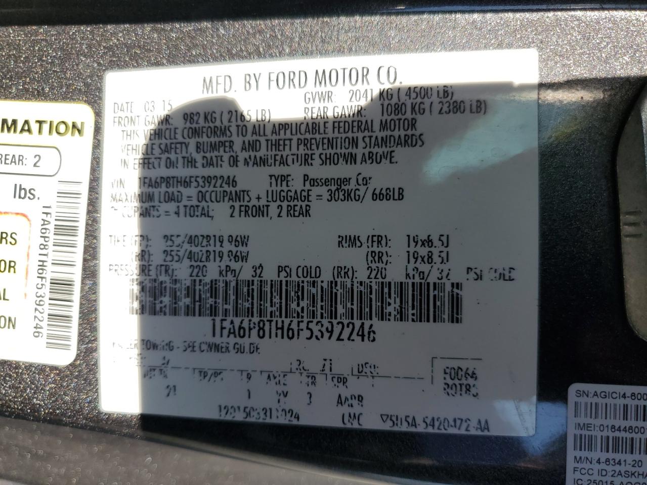 2015 Ford Mustang VIN: 1FA6P8TH6F5392246 Lot: 67551675