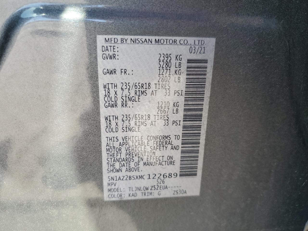 2021 Nissan Murano Sv VIN: 5N1AZ2BSXMC122689 Lot: 69871915