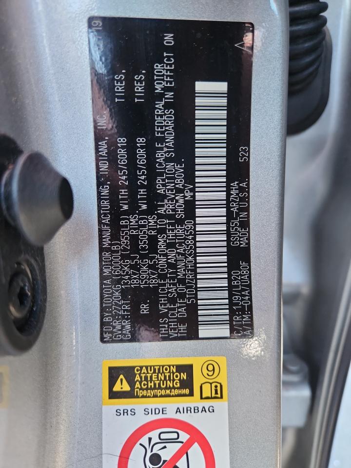 2019 Toyota Highlander Se VIN: 5TDJZRFH0KS584590 Lot: 67500305