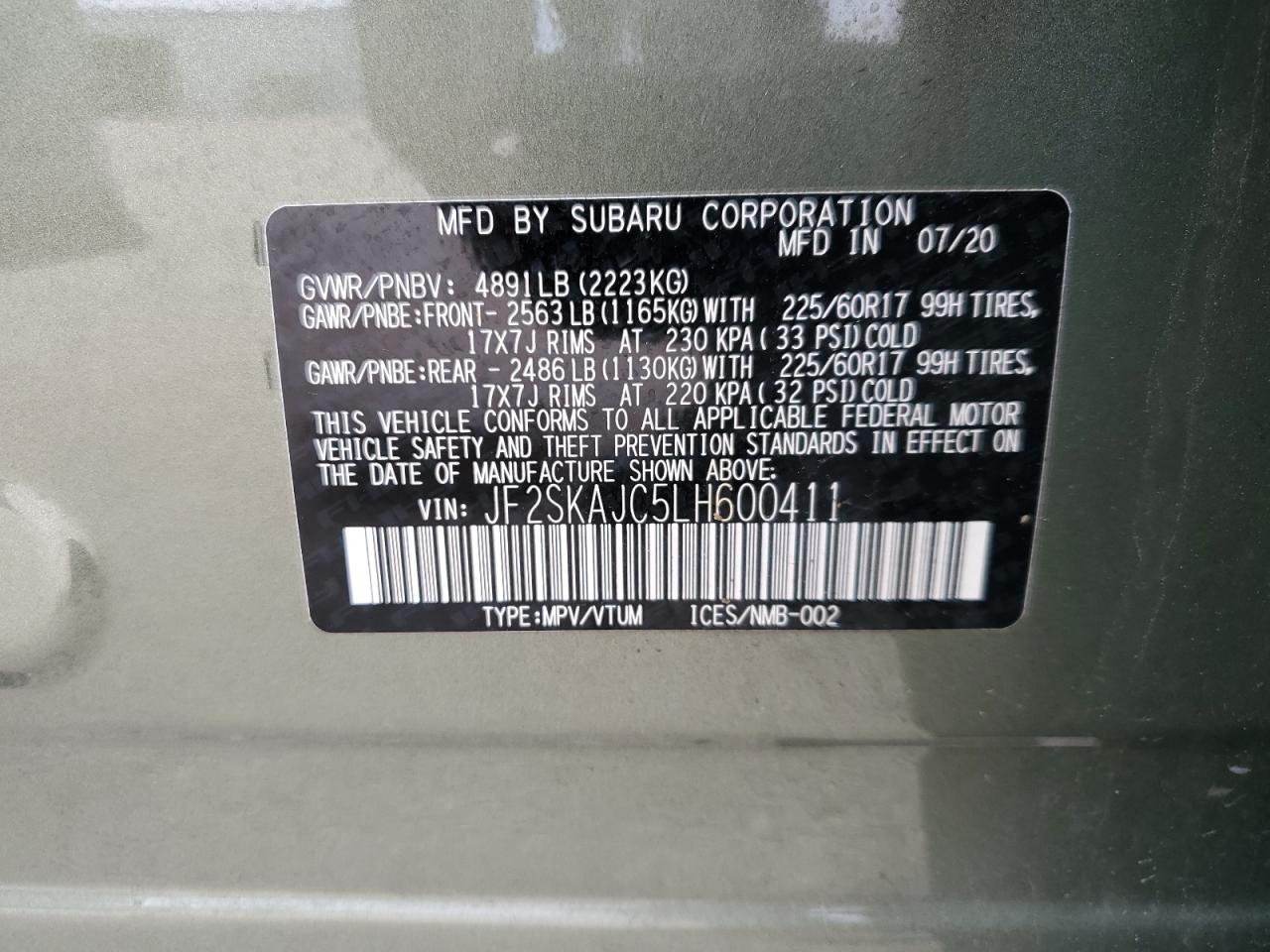 2020 Subaru Forester Premium VIN: JF2SKAJC5LH600411 Lot: 69513005