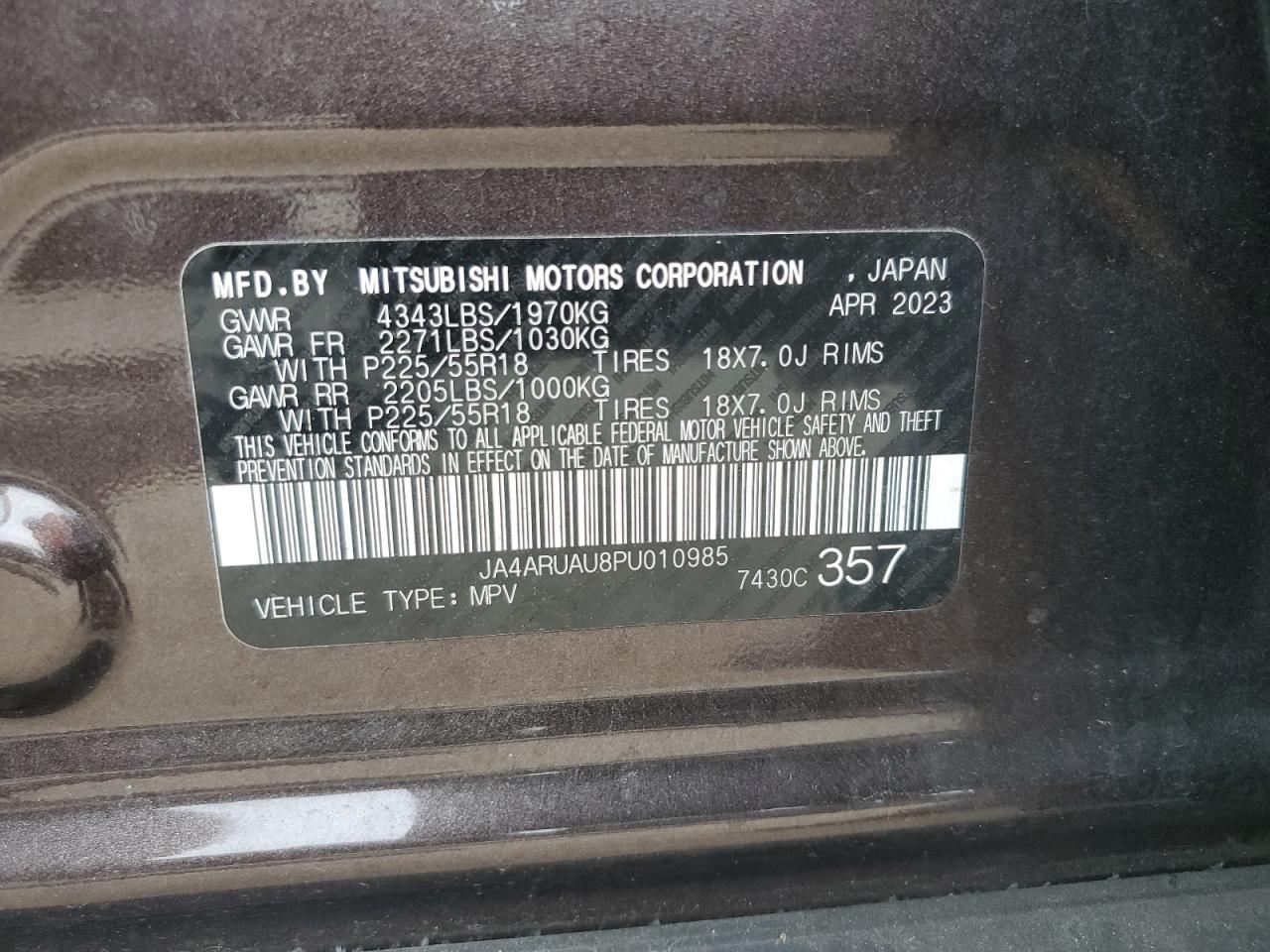 2023 Mitsubishi Outlander Sport S/Se VIN: JA4ARUAU8PU010985 Lot: 70041215