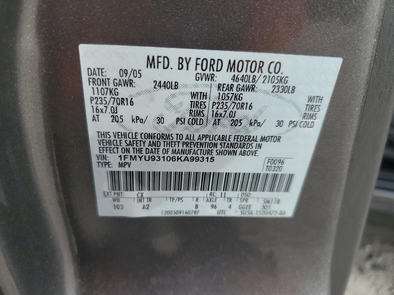 2006 Ford Escape Xlt VIN: 1FMYU93106KA99315 Lot: 70518175