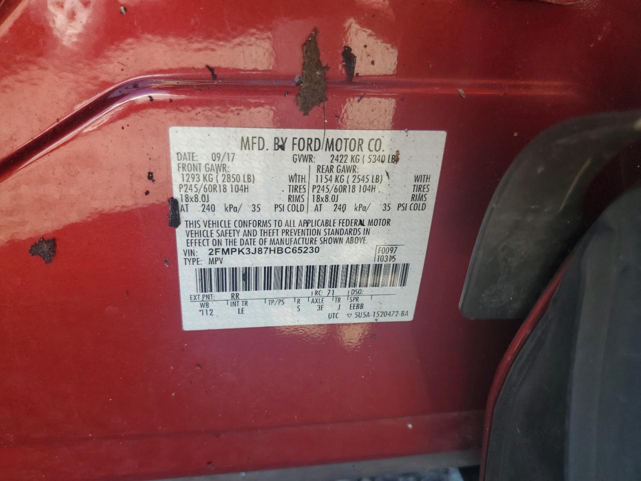 2017 Ford Edge Sel VIN: 2FMPK3J87HBC65230 Lot: 70498355