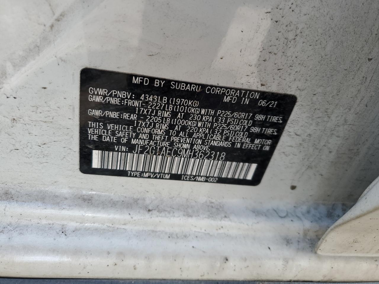 2021 Subaru Crosstrek Premium VIN: JF2GTAEC9MH362318 Lot: 70948745