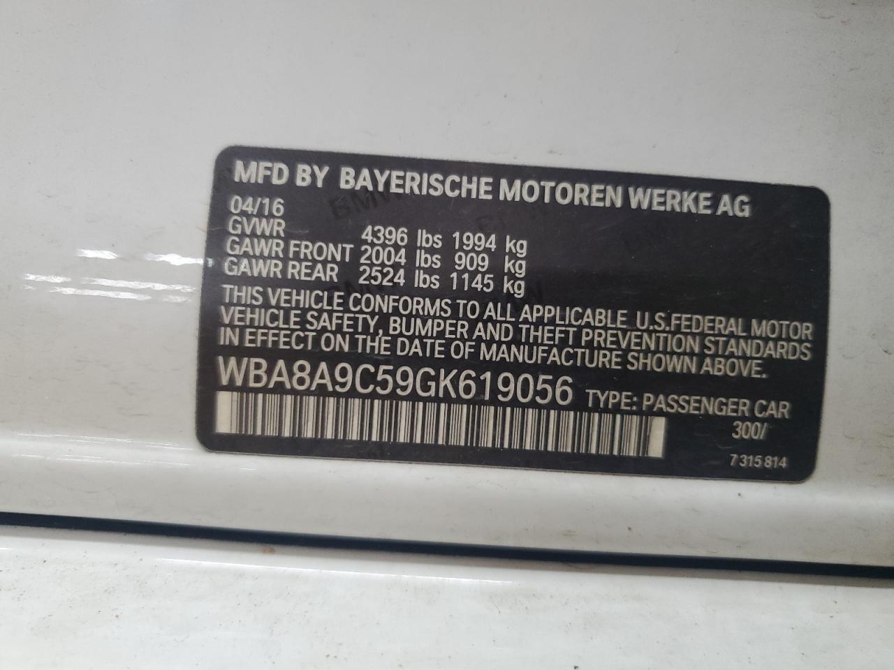 2016 BMW 320 I VIN: WBA8A9C59GK619056 Lot: 70267385