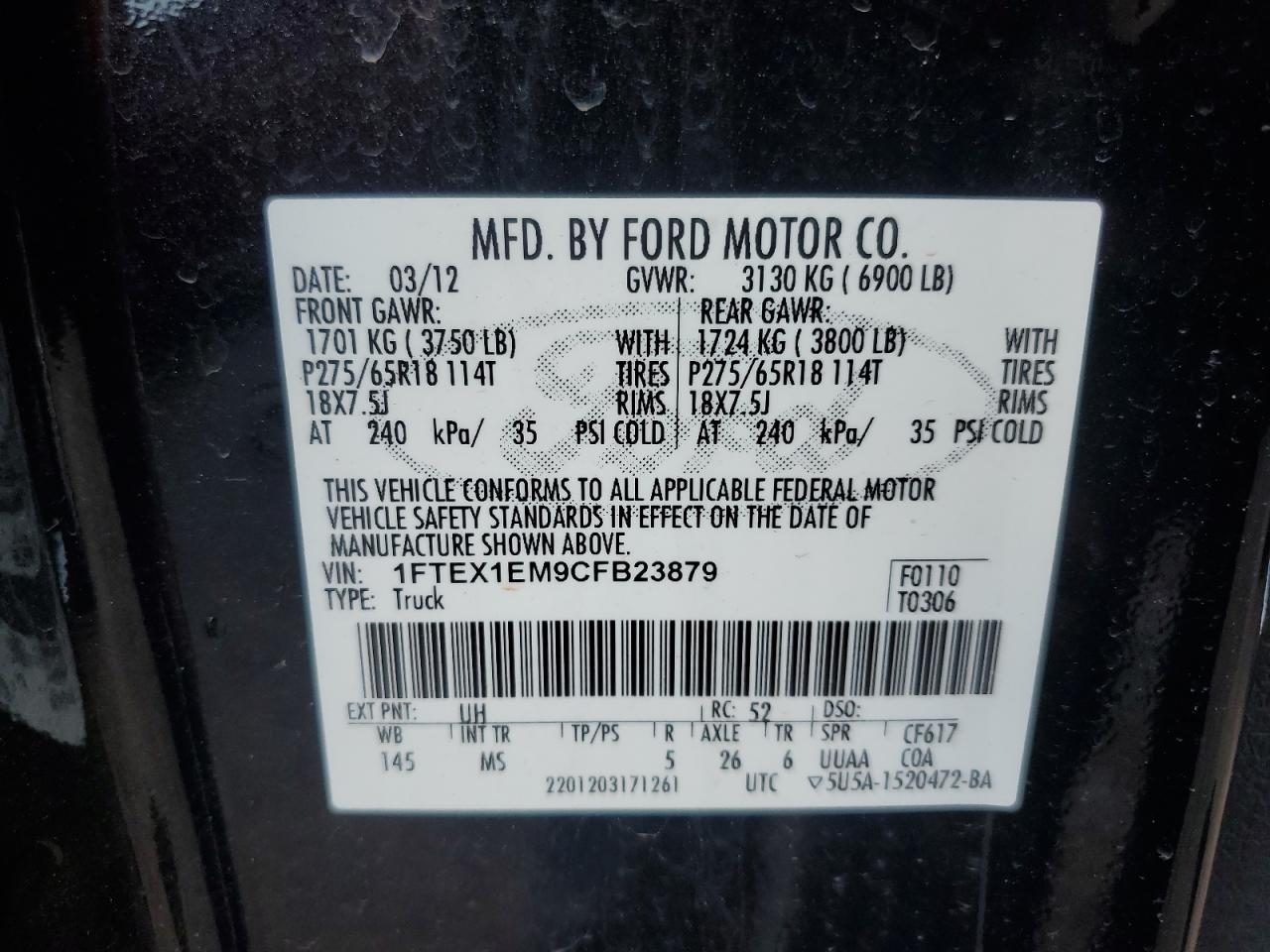 2012 Ford F150 Super Cab VIN: 1FTEX1EM9CFB23879 Lot: 68707775