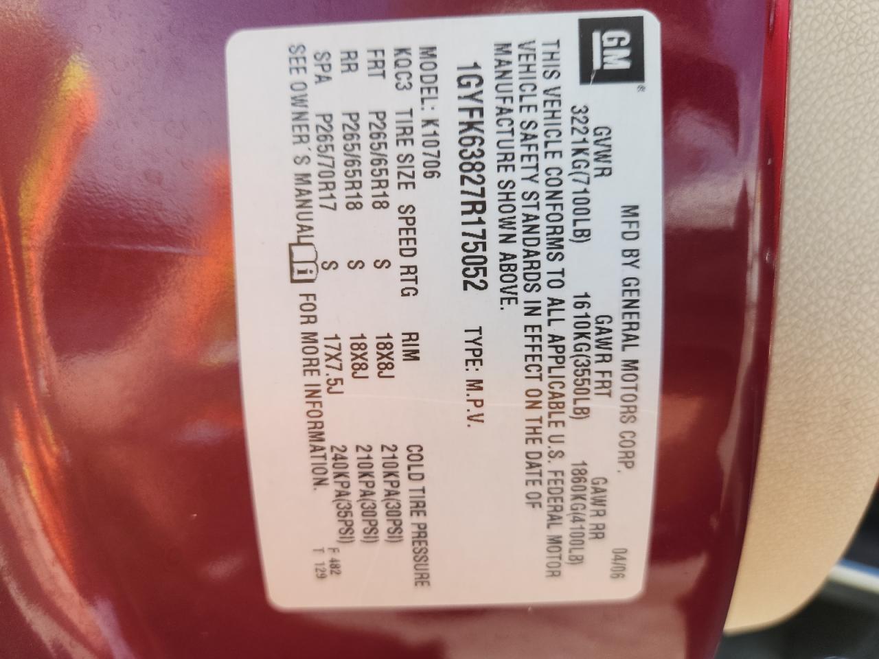 2007 Cadillac Escalade Luxury VIN: 1GYFK63827R175052 Lot: 68154055