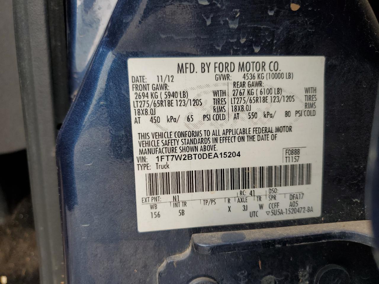 2013 Ford F250 Super Duty VIN: 1FT7W2BT0DEA15204 Lot: 69780965