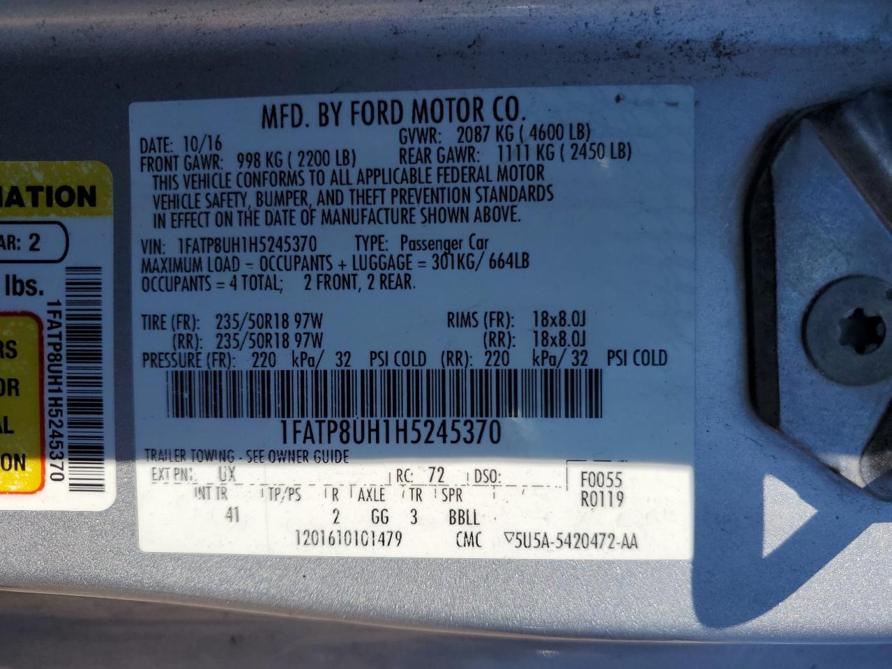 2017 Ford Mustang VIN: 1FATP8UH1H5245370 Lot: 69690685