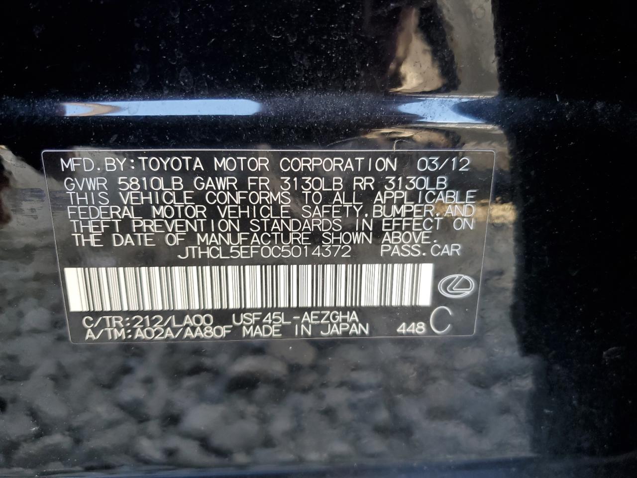 2012 Lexus Ls 460 VIN: JTHCL5EF0C5014372 Lot: 68339115