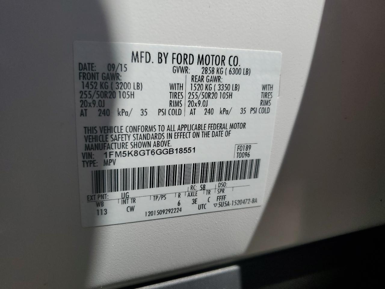 2016 Ford Explorer Sport VIN: 1FM5K8GT6GGB18551 Lot: 70657015