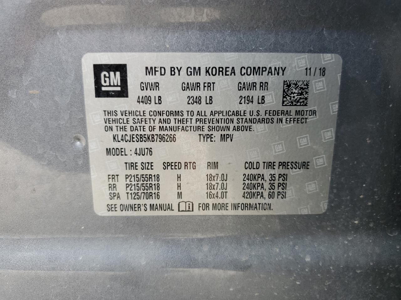 2019 Buick Encore Preferred VIN: KL4CJESB5KB796266 Lot: 69786045