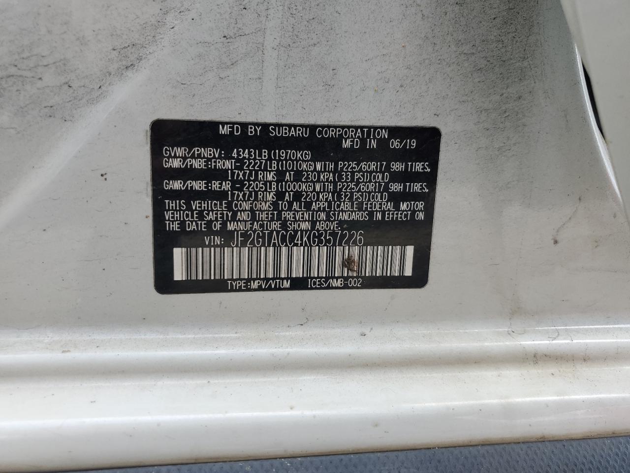 2019 Subaru Crosstrek Premium VIN: JF2GTACC4KG357226 Lot: 67986085