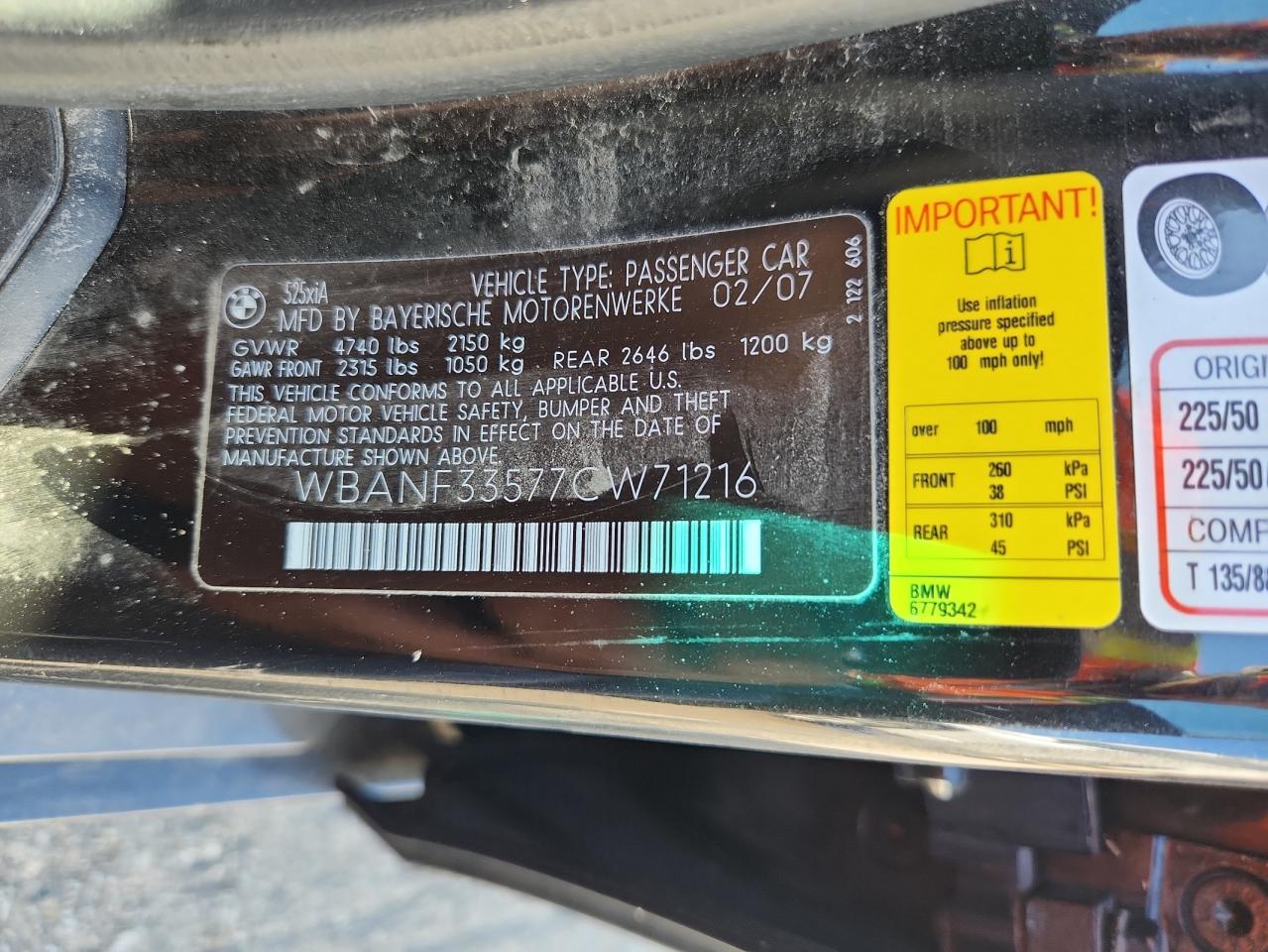 2007 BMW 525 Xi VIN: WBANF33577CW71216 Lot: 69978895