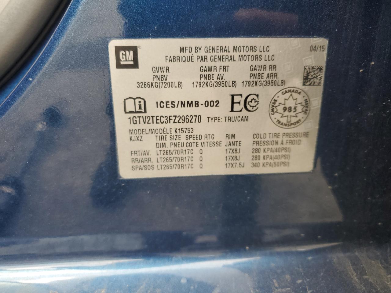 2015 GMC Sierra K1500 VIN: 1GTV2TEC3FZ296270 Lot: 69215235