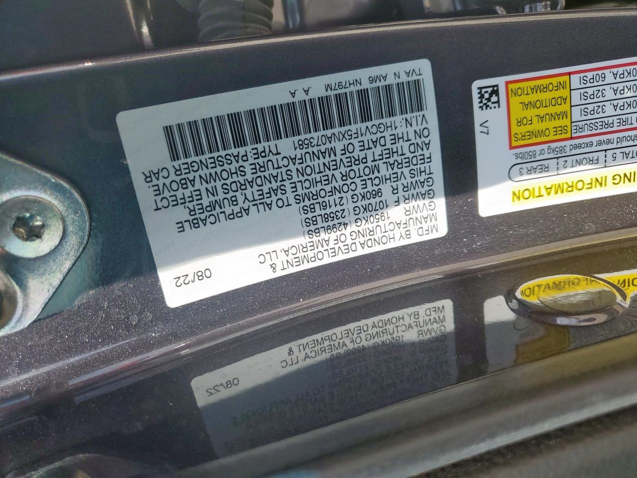 2022 Honda Accord Exl VIN: 1HGCV1F5XNA073581 Lot: 68560215
